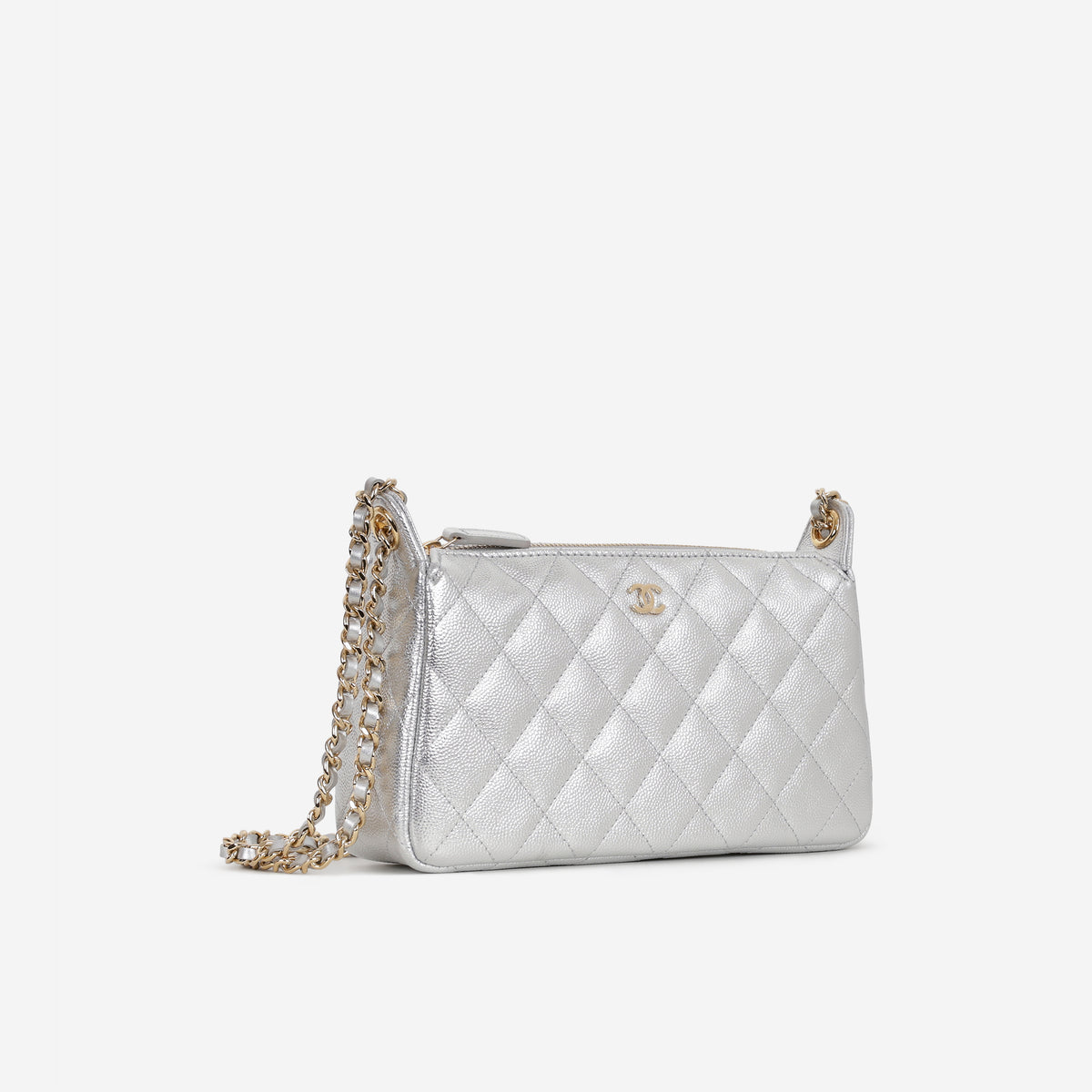 Chanel Clutch with Chain - Silver Metallic Caviar | Gold Hardware