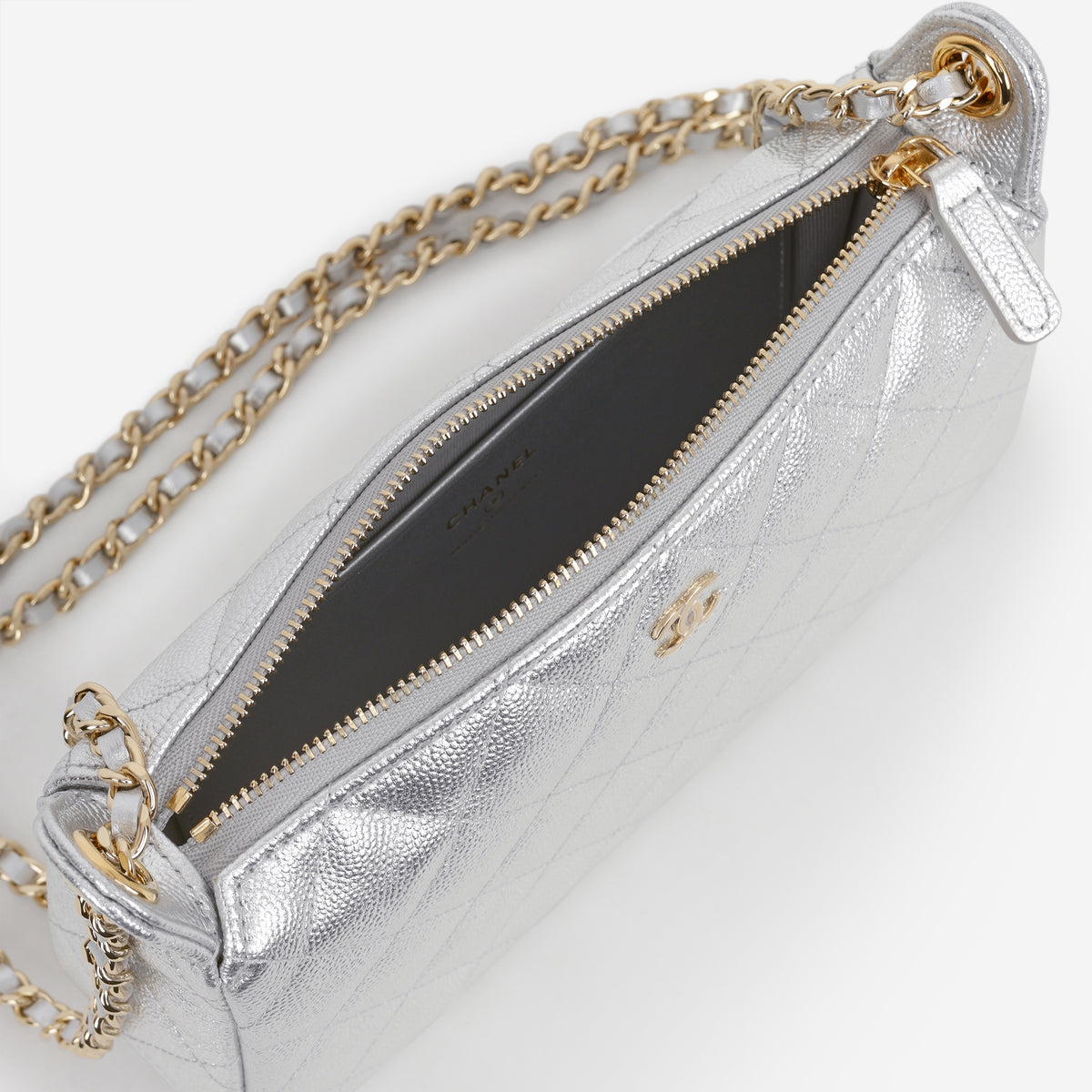 Chanel Clutch with Chain - Silver Metallic Caviar | Gold Hardware
