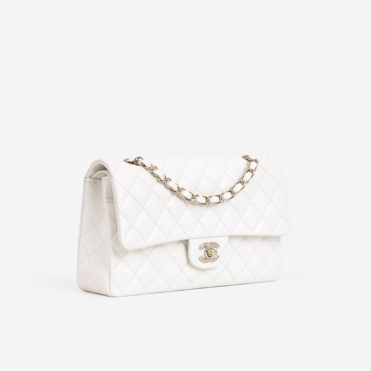 Chanel Medium Classic Flap - White Caviar | Champagne Gold Hardware - Bagista