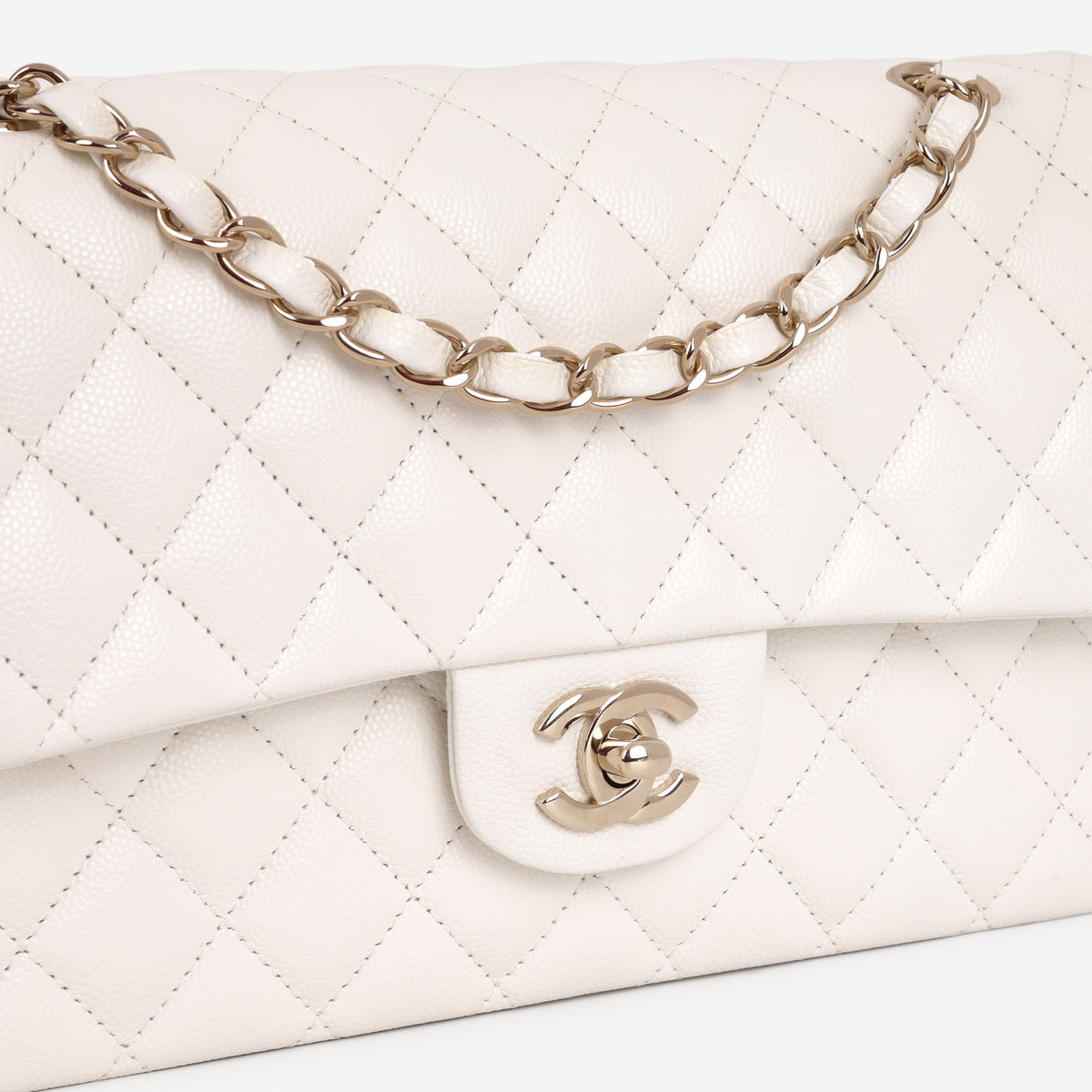 Chanel Medium Classic Flap - White Caviar | Champagne Gold Hardware - Bagista