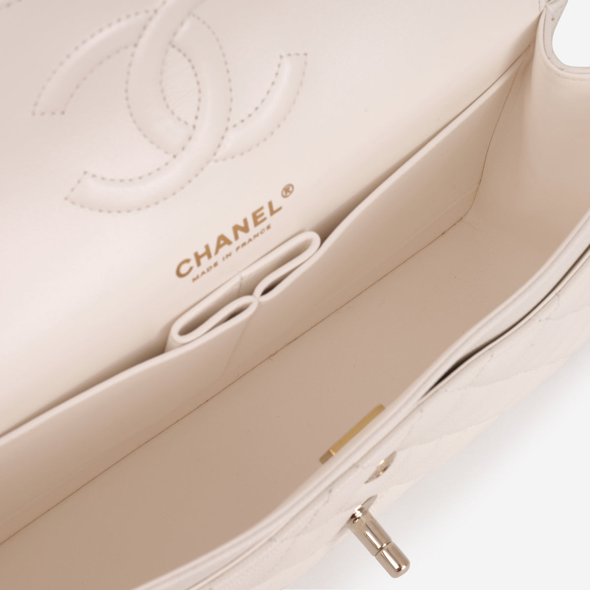 Chanel Medium Classic Flap - White Caviar | Champagne Gold Hardware - Bagista