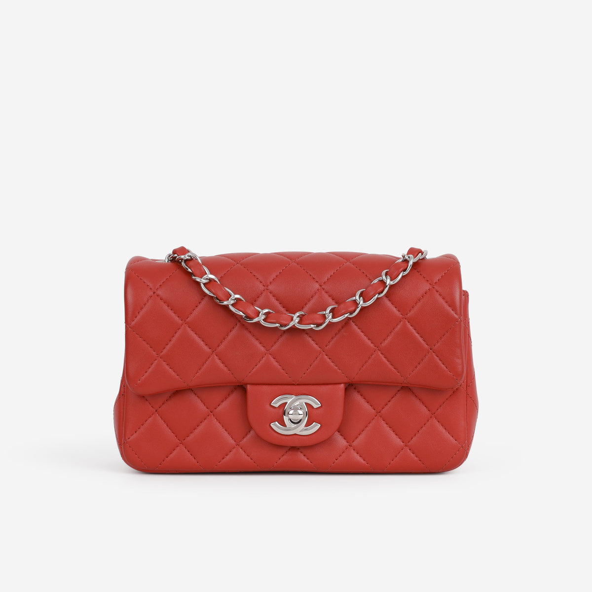Chanel Mini Rectangular - Red Lambskin | Silver Hardware - Bagista