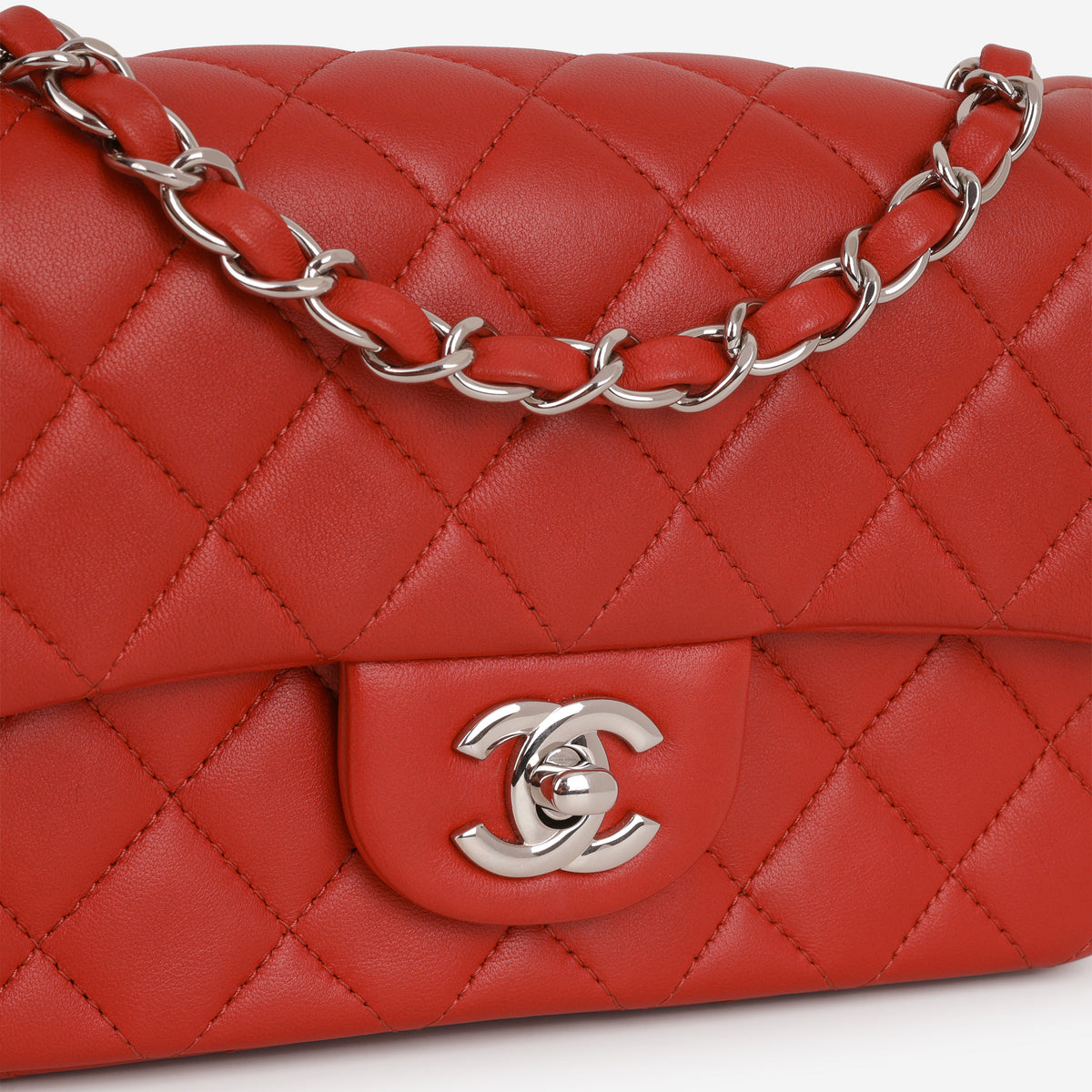 Chanel Mini Rectangular - Red Lambskin | Silver Hardware - Bagista