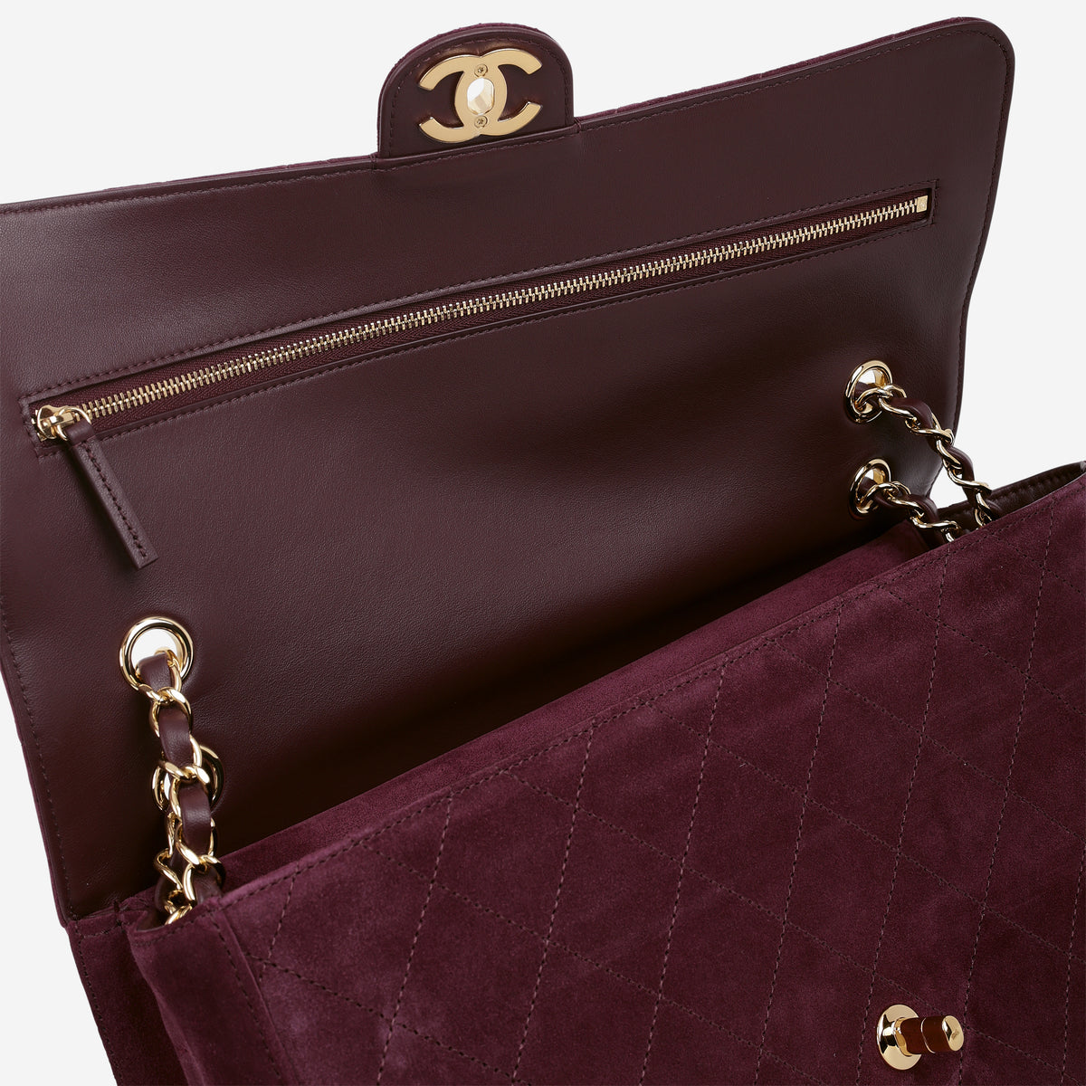 Chanel 2026 Maxi Flap Bag 32 - Burgundy Suede Goatskin | Polished Gold Hardware