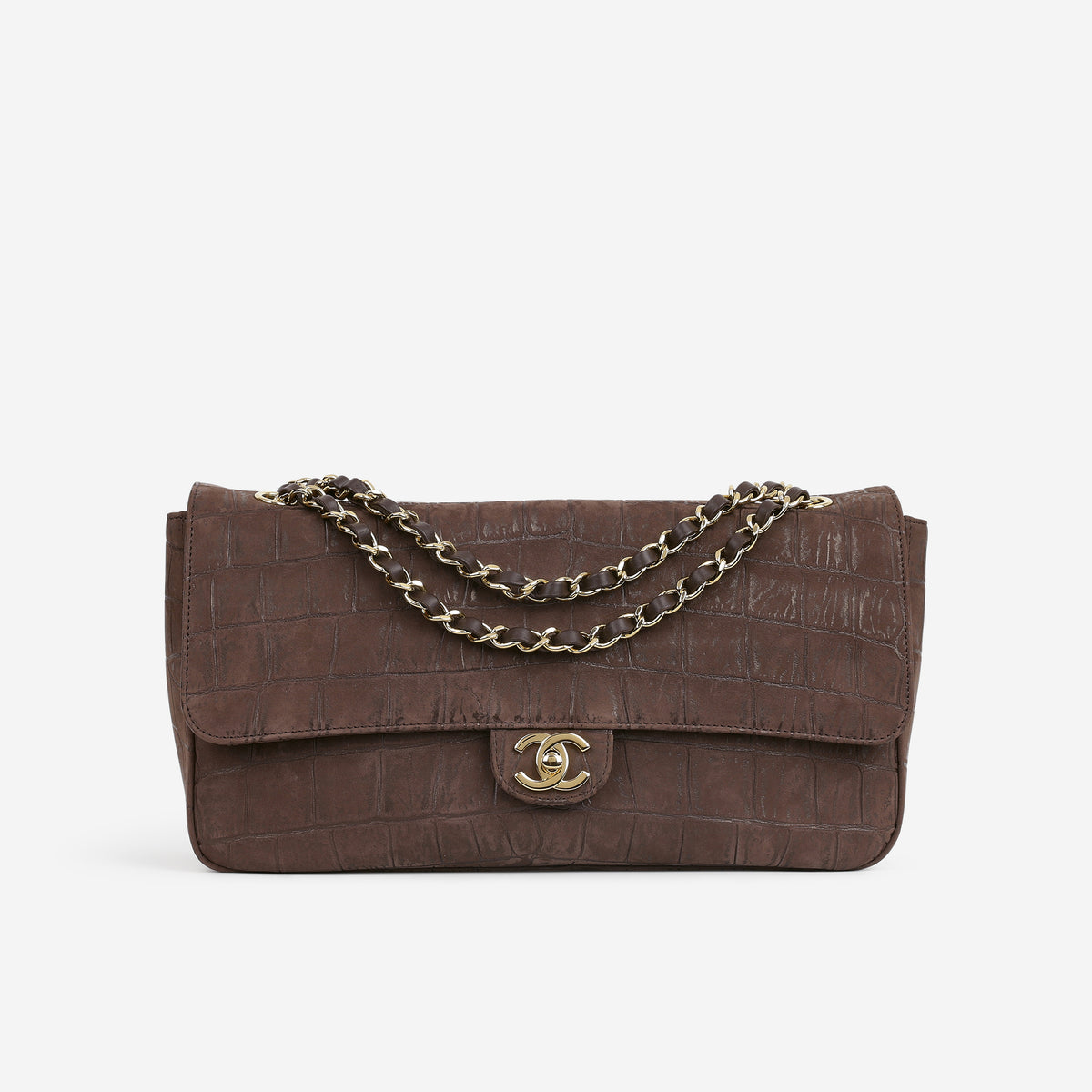 Chanel 2026 Maxi Flap Bag 32 - Brown Croc Embossed Suede | Gold Hardware