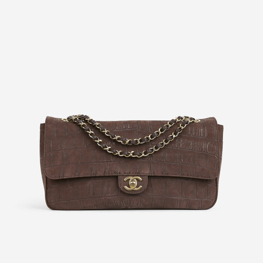 Chanel 2026 Maxi Flap Bag 32 - Brown Croc Embossed Suede | Gold Hardware