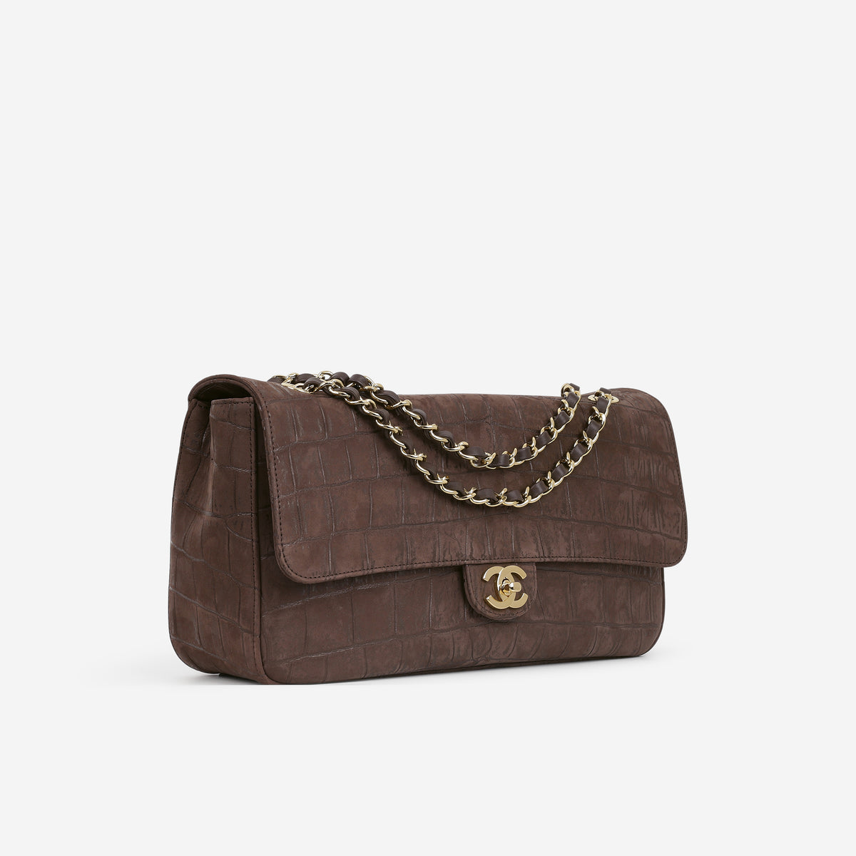 Chanel 2026 Maxi Flap Bag 32 - Brown Croc Embossed Suede | Gold Hardware