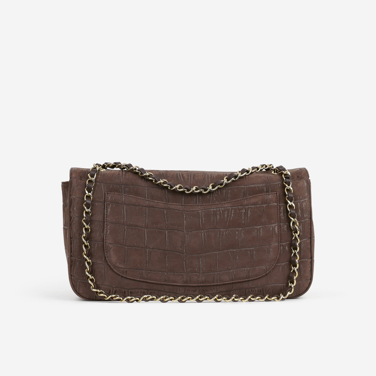 Chanel 2026 Maxi Flap Bag 32 - Brown Croc Embossed Suede | Gold Hardware