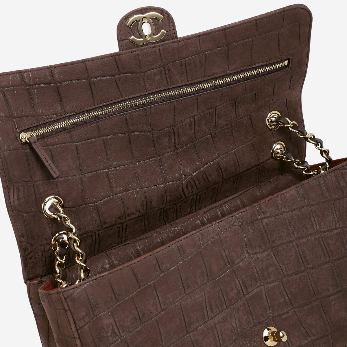 Chanel 2026 Maxi Flap Bag 32 - Brown Croc Embossed Suede | Gold Hardware