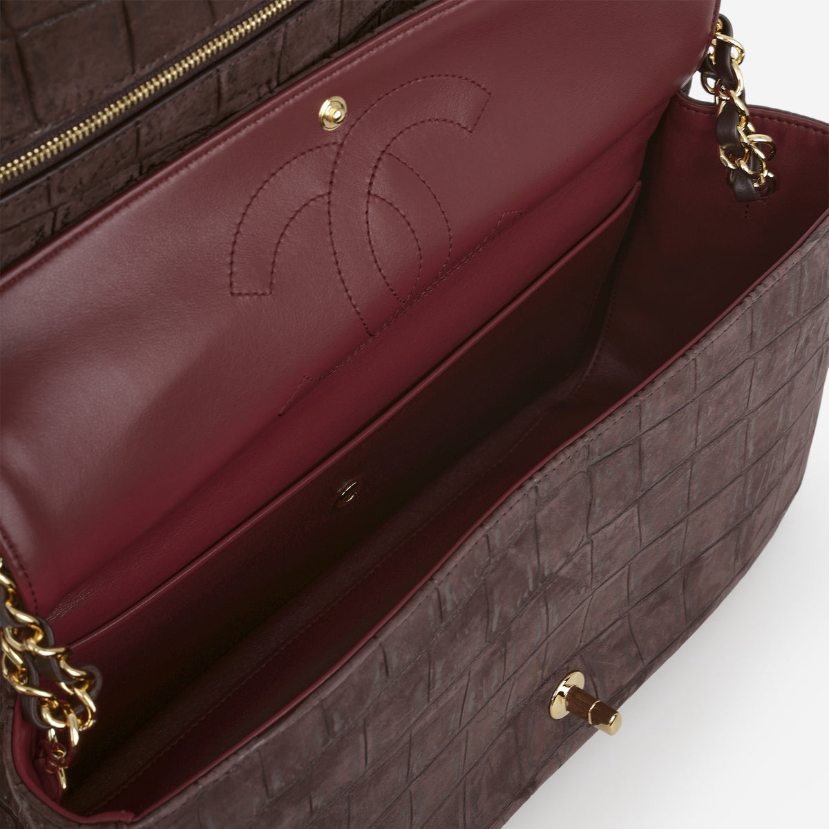 Chanel 2026 Maxi Flap Bag 32 - Brown Croc Embossed Suede | Gold Hardware