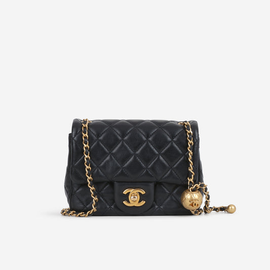 Chanel Mini Flap Square Pearl Crush - Black Lambskin | Aged Gold Hardware