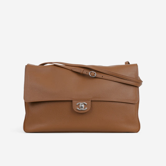 Chanel Maxi Flap 38 Bag - Camel Grained Calfskin | Silver Hardware