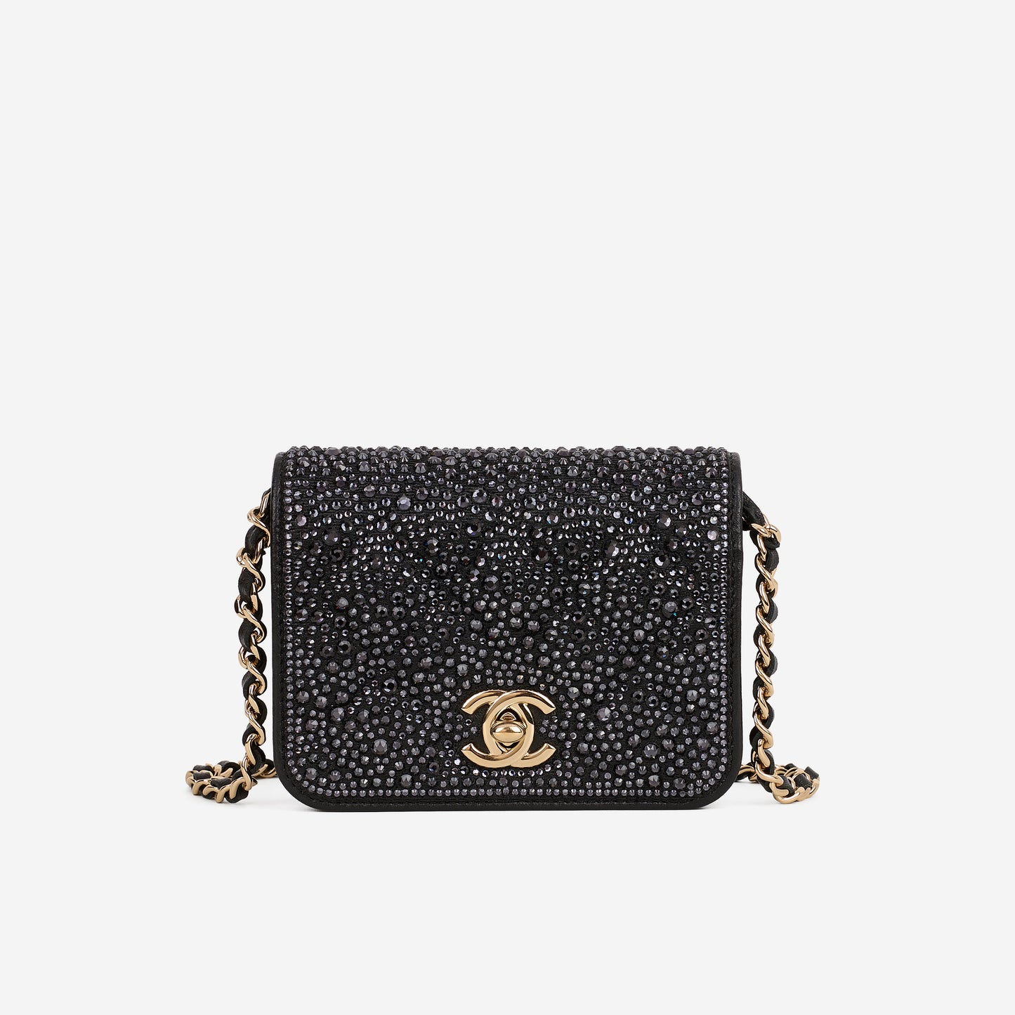 Chanel Micro Cardholder on Chain - Navy Swarovski / Black Lambskin | Champagne Gold Hardware