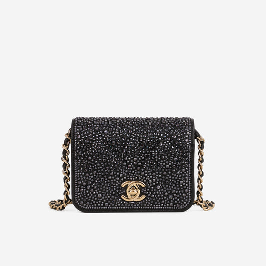 Chanel Micro Cardholder on Chain - Navy Swarovski / Black Lambskin | Champagne Gold Hardware