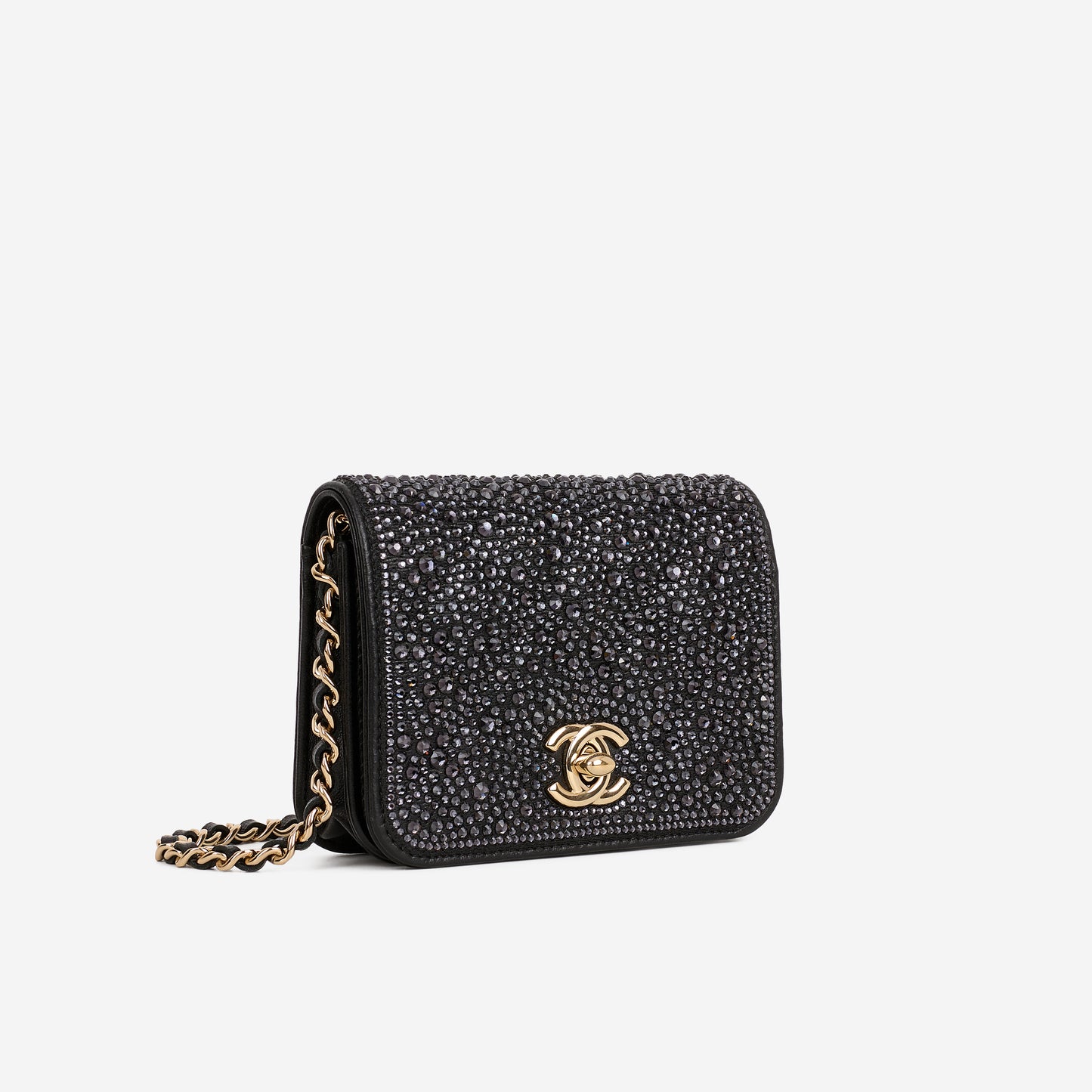Chanel Micro Cardholder on Chain - Navy Swarovski / Black Lambskin | Champagne Gold Hardware