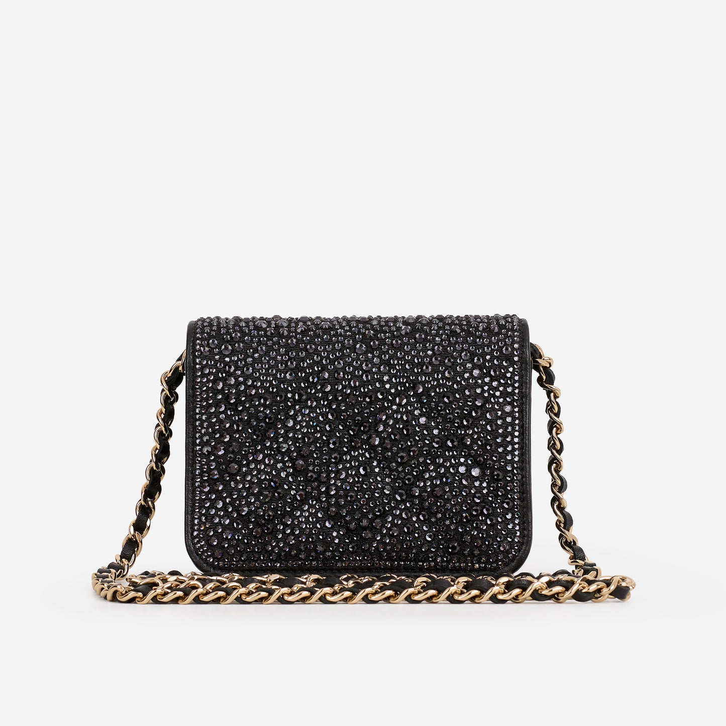 Chanel Micro Cardholder on Chain - Navy Swarovski / Black Lambskin | Champagne Gold Hardware