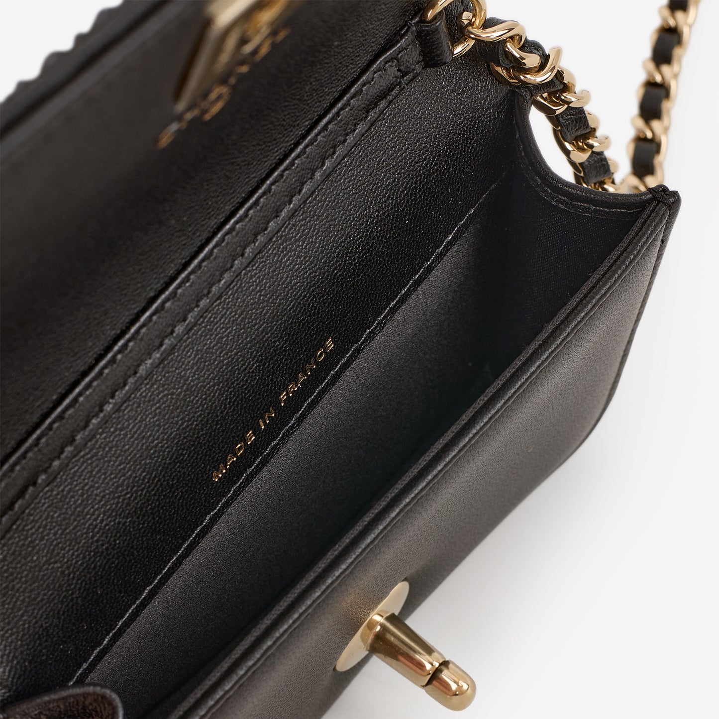 Chanel Micro Cardholder on Chain - Navy Swarovski / Black Lambskin | Champagne Gold Hardware