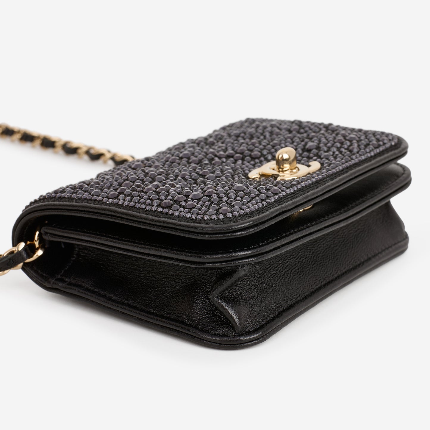 Chanel Micro Cardholder on Chain - Navy Swarovski / Black Lambskin | Champagne Gold Hardware