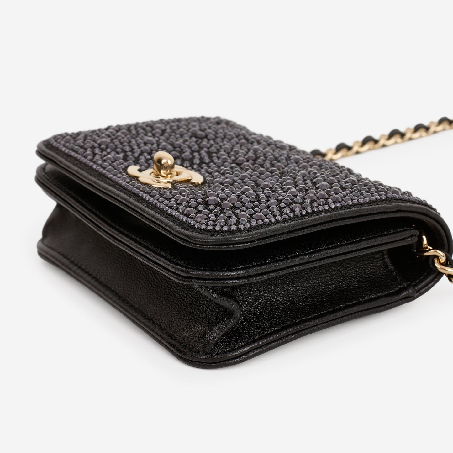 Chanel Micro Cardholder on Chain - Navy Swarovski / Black Lambskin | Champagne Gold Hardware