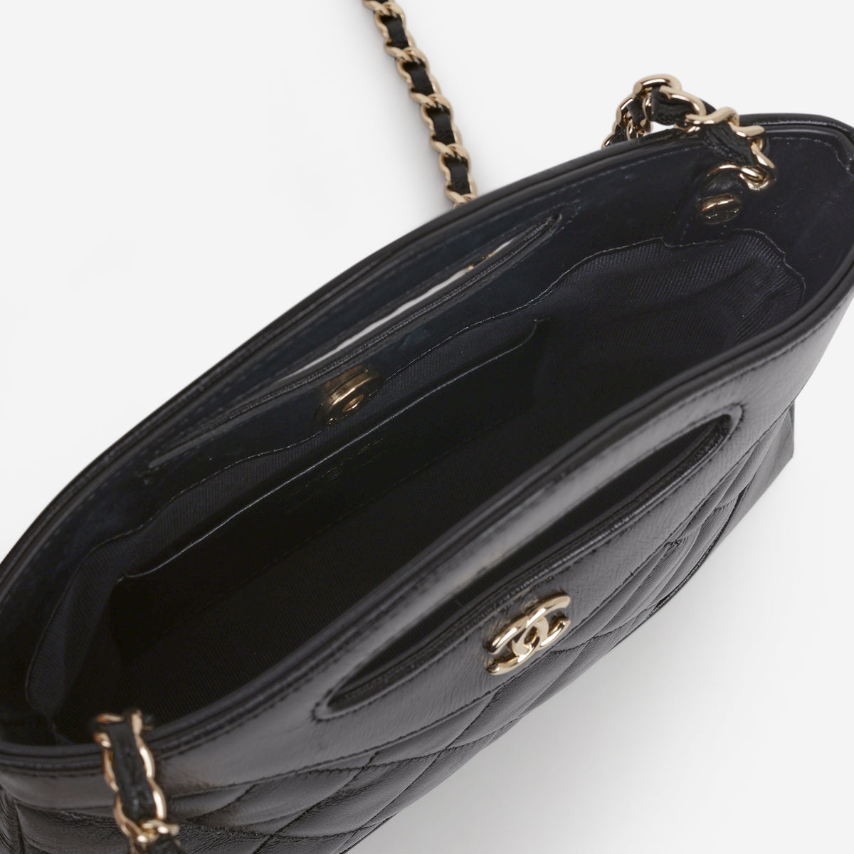 Chanel Nano 31 Clutch on Chain - Black Crumpled Calfskin | Champagne Gold Hardware