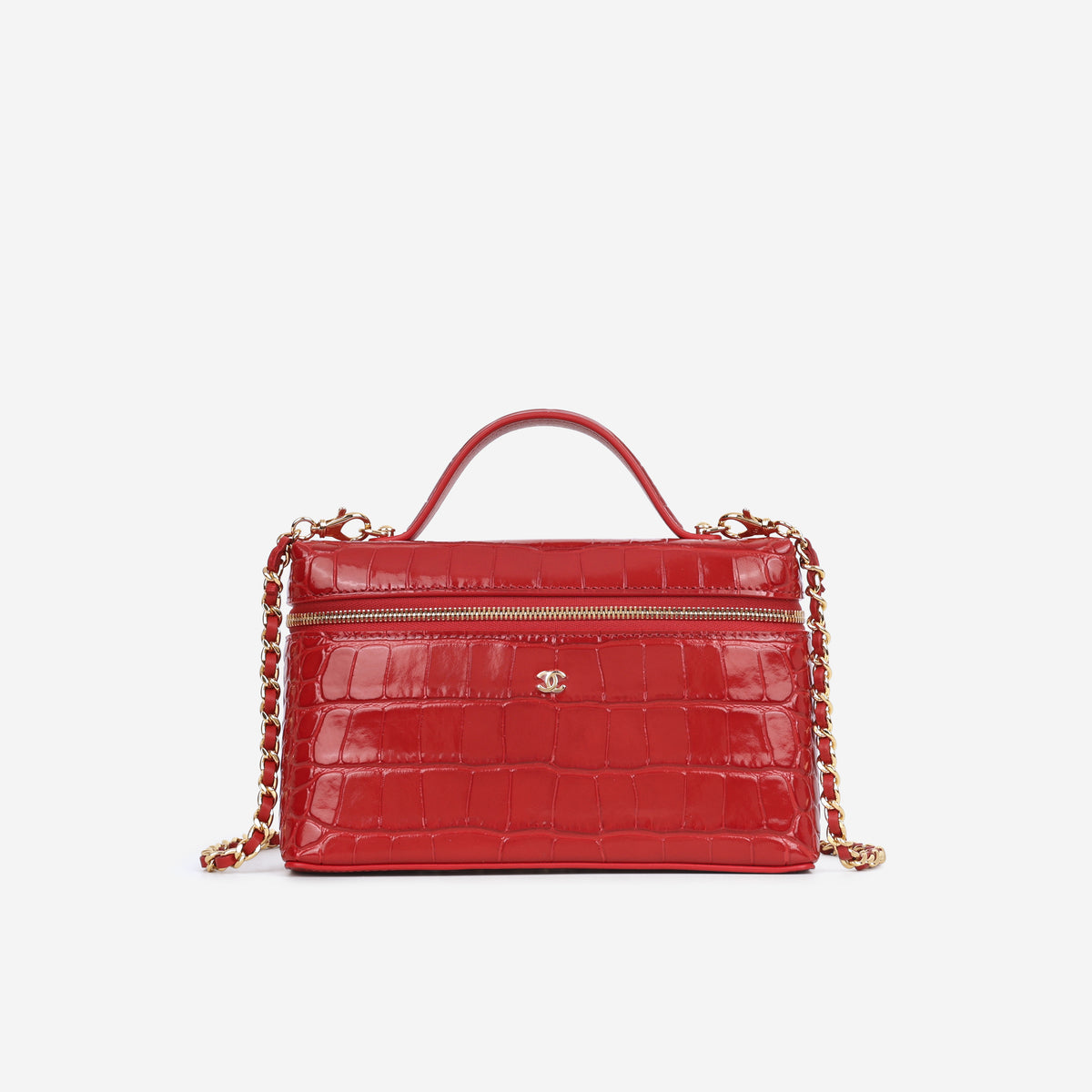 Chanel Top Handle Vanity With Chain - Red Croc Embossed Shiny Calfskin | Gold Hardware