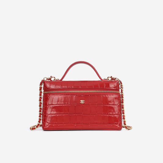 Chanel Top Handle Vanity With Chain - Red Croc Embossed Shiny Calfskin | Gold Hardware