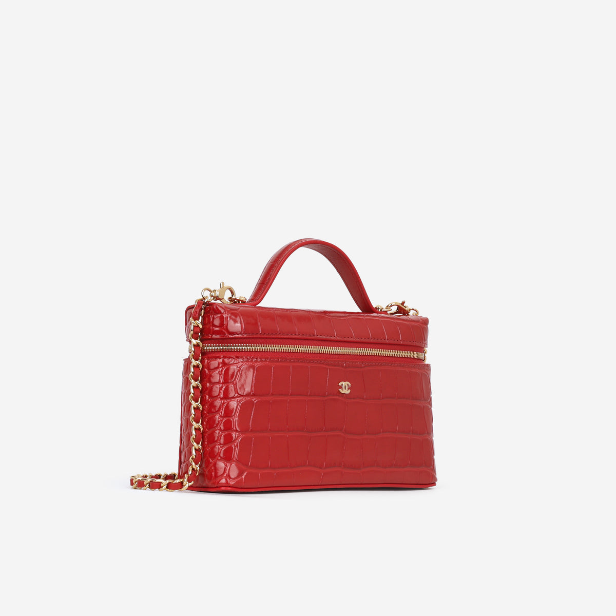 Chanel Top Handle Vanity With Chain - Red Croc Embossed Shiny Calfskin | Gold Hardware