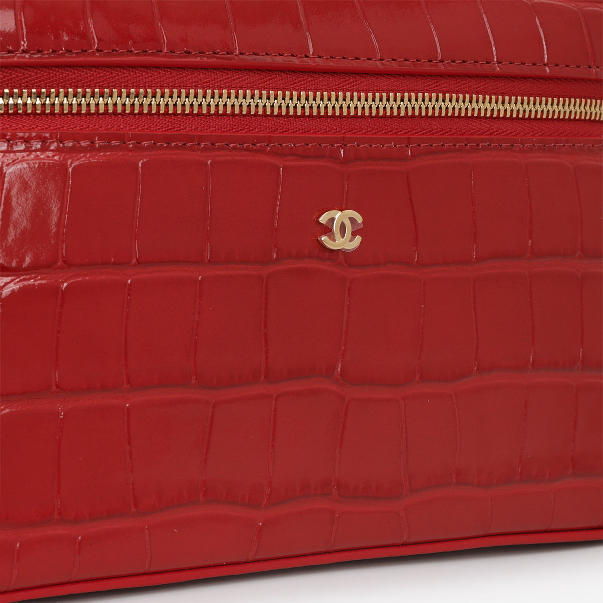 Chanel Top Handle Vanity With Chain - Red Croc Embossed Shiny Calfskin | Gold Hardware