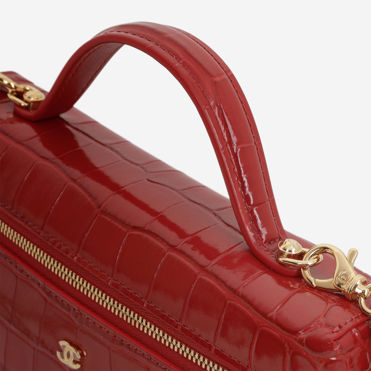 Chanel Top Handle Vanity With Chain - Red Croc Embossed Shiny Calfskin | Gold Hardware