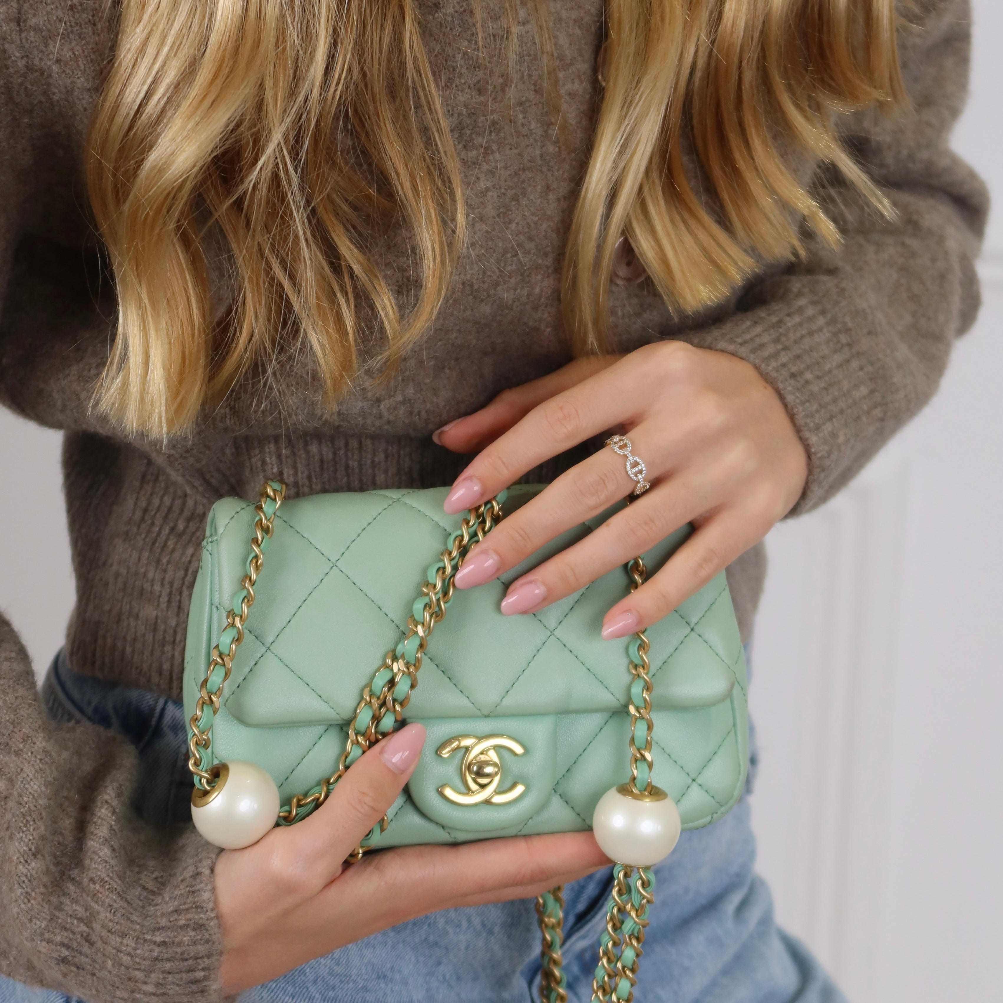 Chanel Mini Square Pearl Crush Flap Bag Green Tea Quilted Lambskin