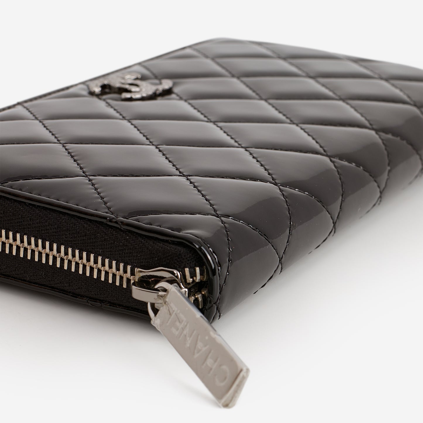 Chanel Classic Long Zip Wallet - Black Patent | Embellished Silver Hardware