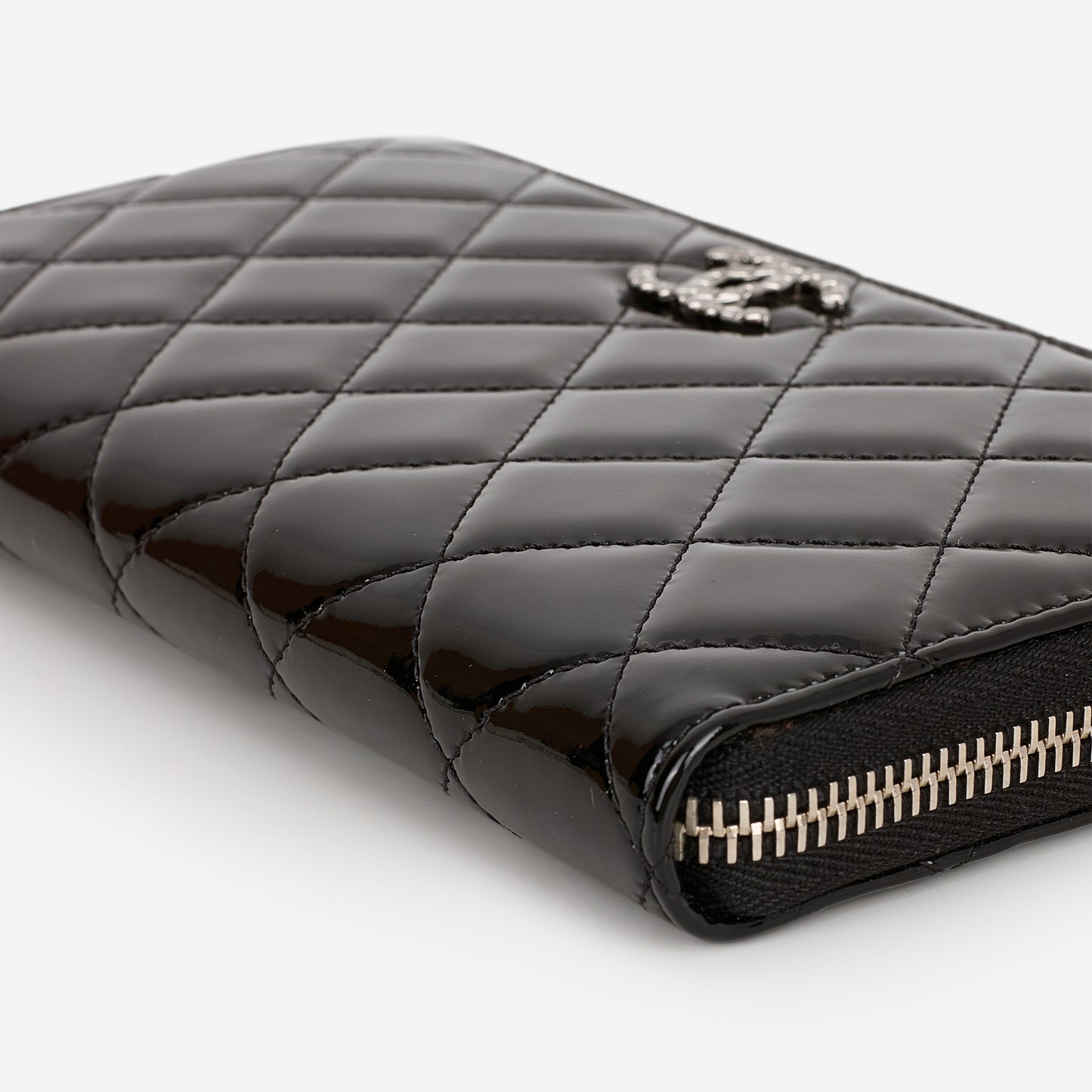 Chanel Classic Long Zip Wallet - Black Patent | Embellished Silver Hardware