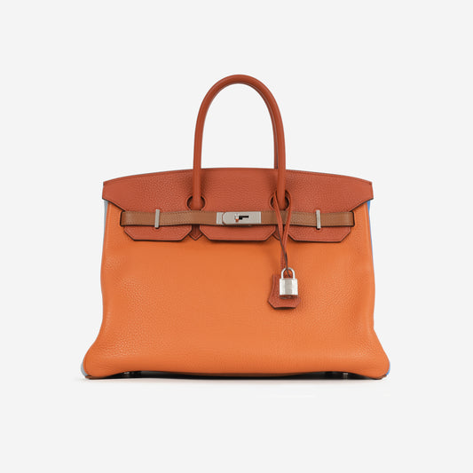 Hermès Birkin 35 Arlequin - Orange / Sanguine / Bleu Lin / Bleu Hydra / Etain / Gold Clemence | Palladium Hardware