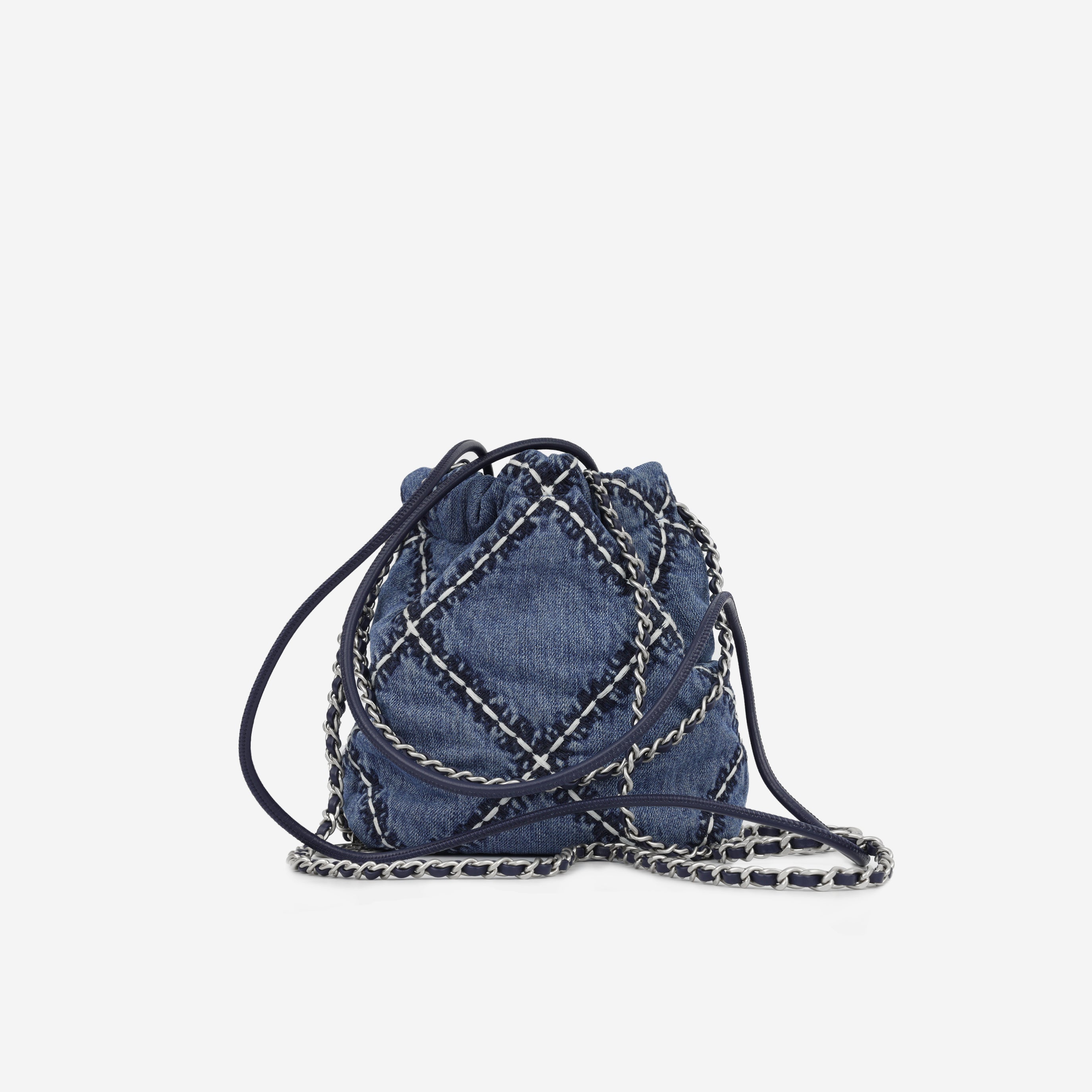 Chanel - 22 Mini Handbag - Stitched Blue Denim Fabric SHW