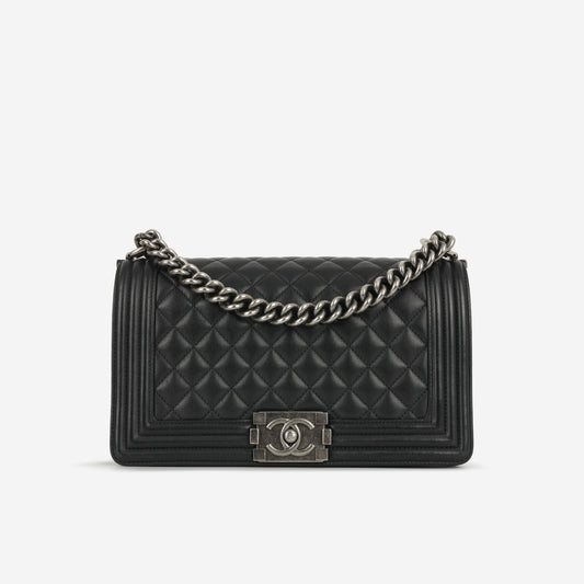 Chanel Old Medium Boy Bag - Black Lambskin | Ruthenium Hardware