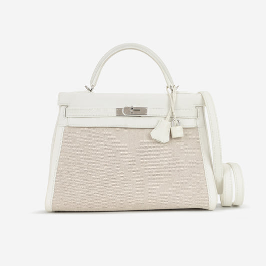 Hermès Vintage Kelly 32 - Blanc Swift / Ecru Toile | Palladium Hardware