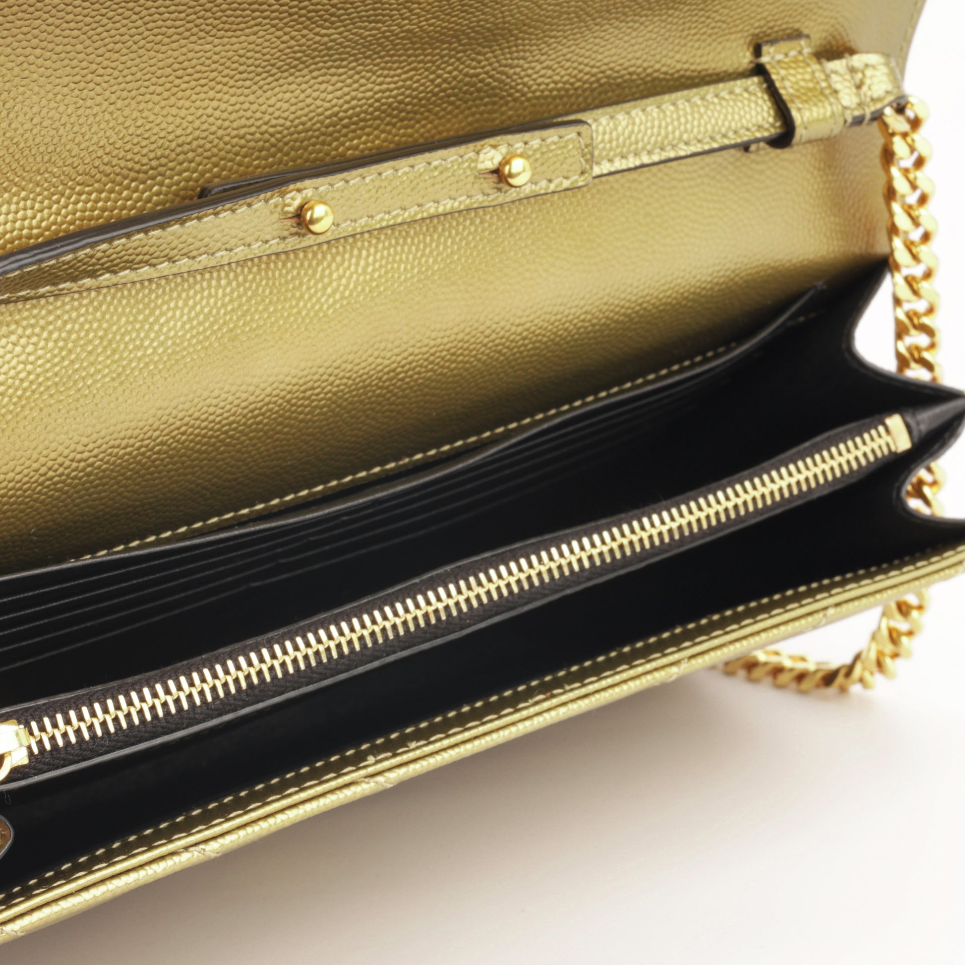 Saint Laurent Cassandre Wallet On Chain Gold Grained GHW – Bagista