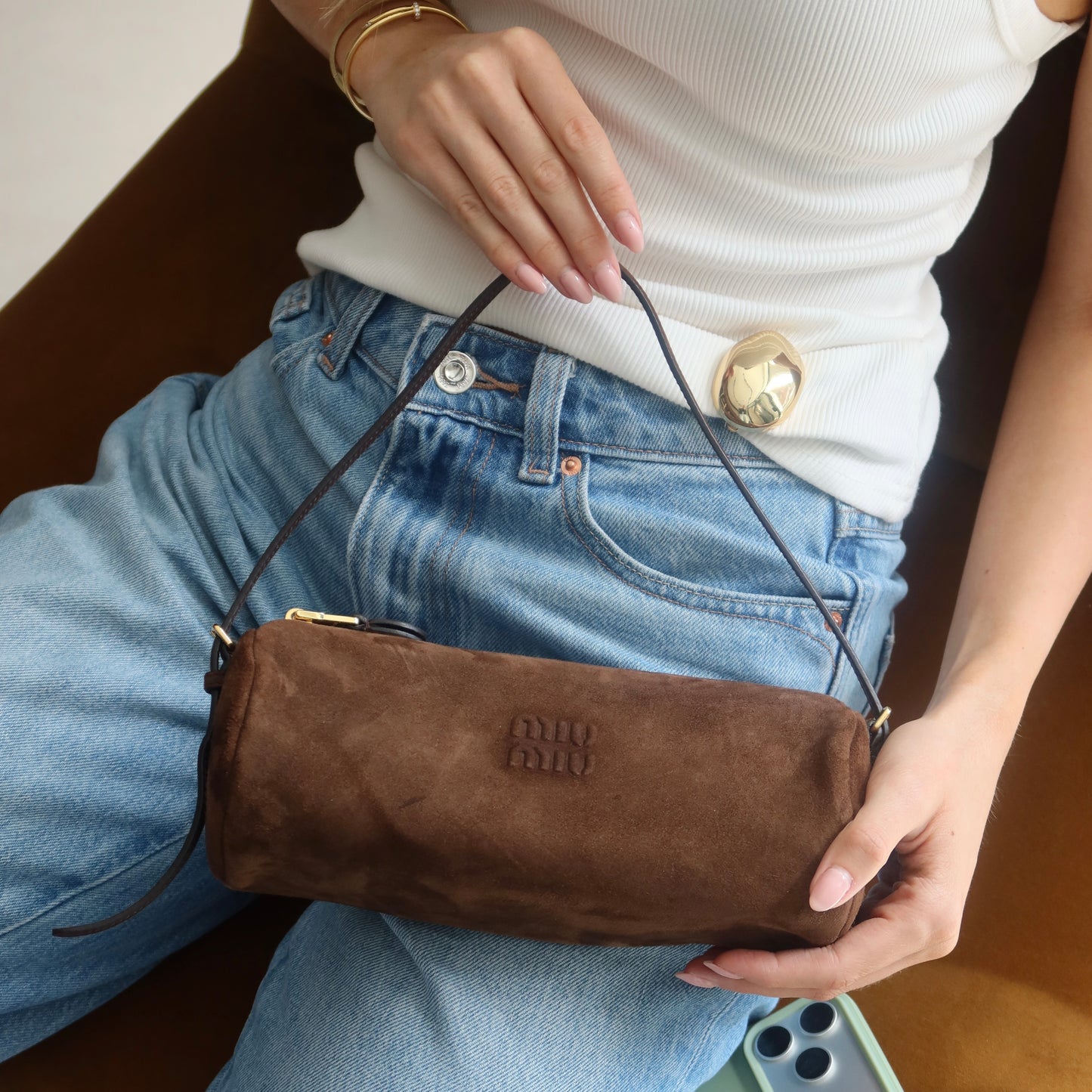 Miu Miu Shoulder Pouch - Brown Suede Leather | Gold Hardware