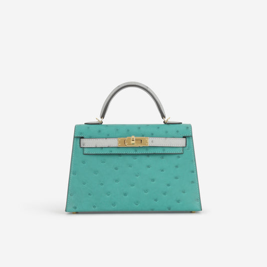 Hermès HSS Mini Kelly 20 - Vert Verone / Bleu Glacier Ostrich | Gold Hardware
