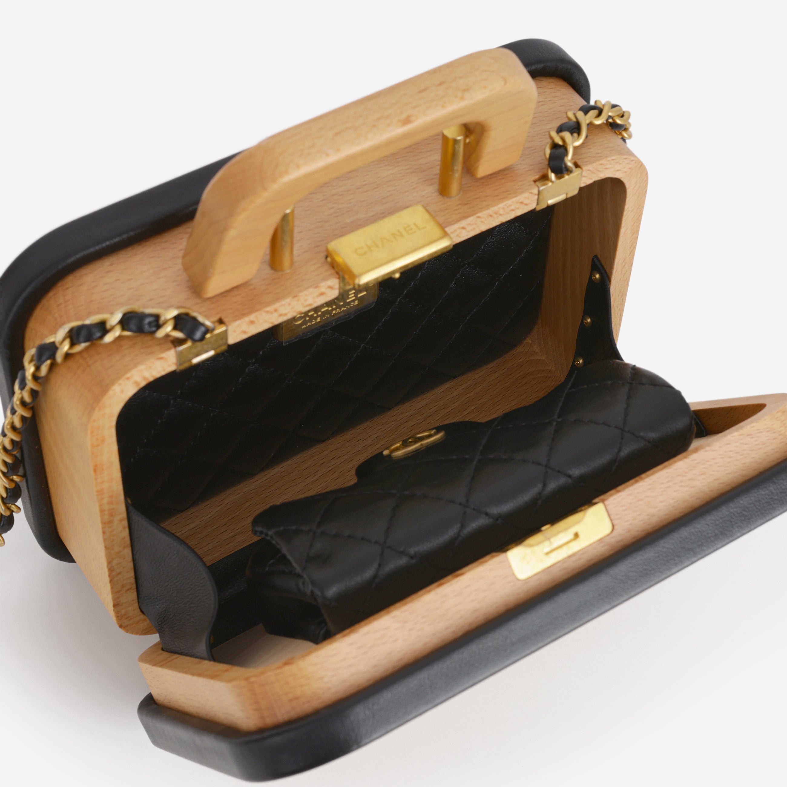 Chanel CC Vanity Case - Beech Wood and Black Lambskin | Gold