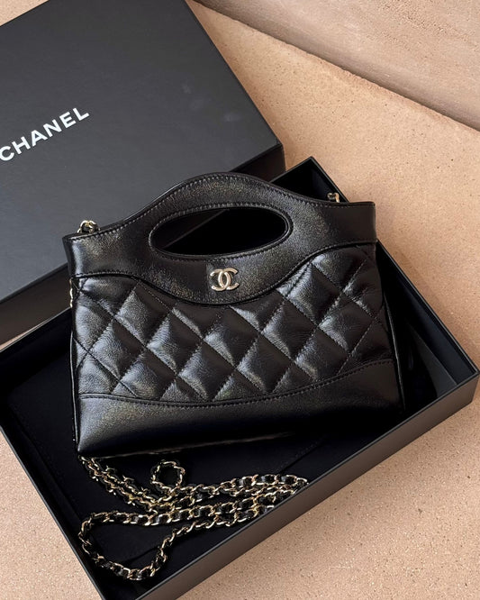 Nano 31 Clutch on Chain - Black Glazed Calfskin | Champagne Gold Hardware