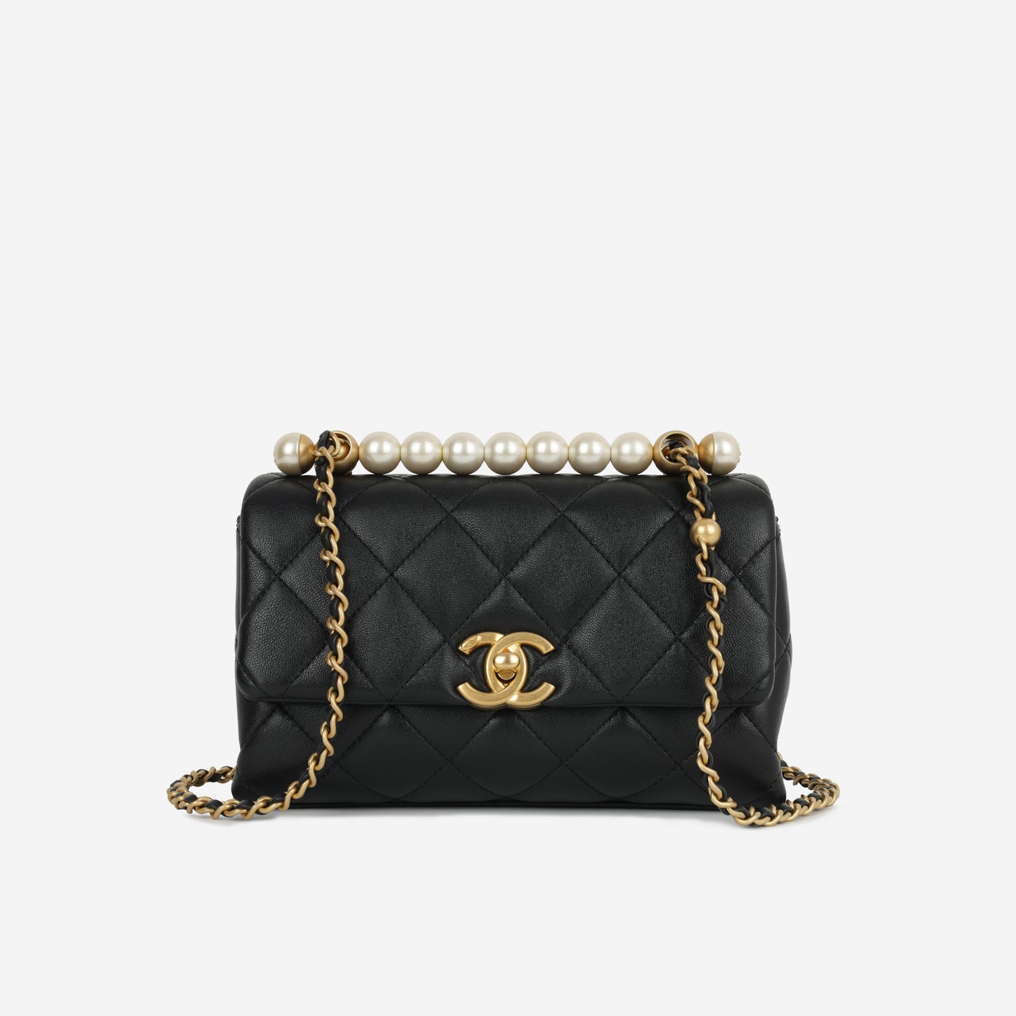 Chanel Mini Rectangular with Pearl Top Handle - Black Lambskin | Aged Gold Hardware