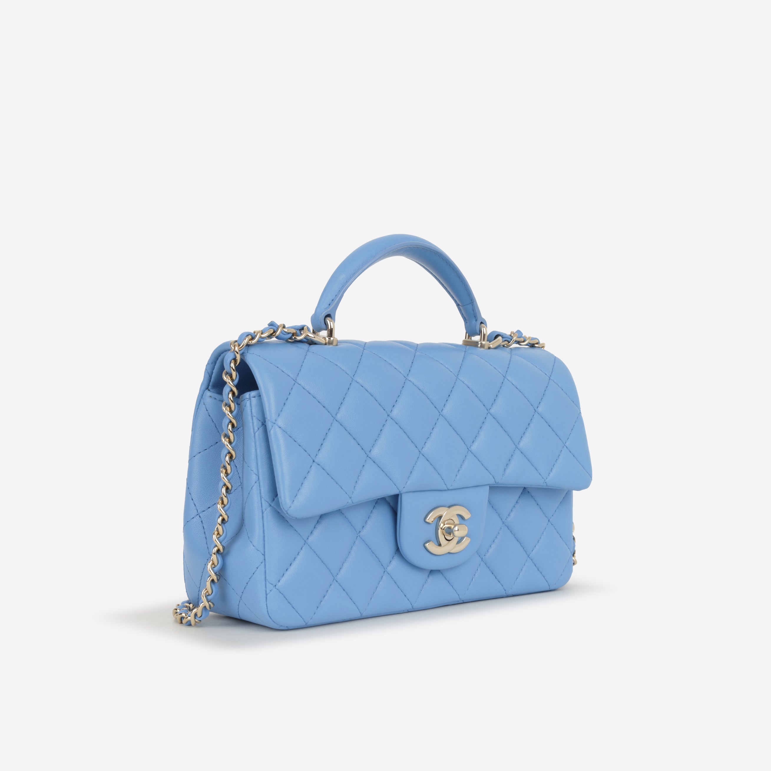 Chanel Mini Top Handle Flap - Blue Lambskin | Champagne Gold