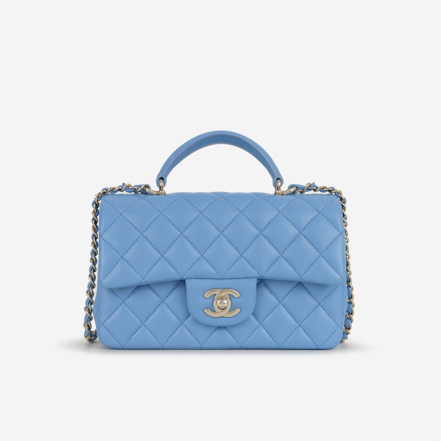 Chanel Mini Top Handle Flap - Blue Lambskin  | Champagne Gold Hardware