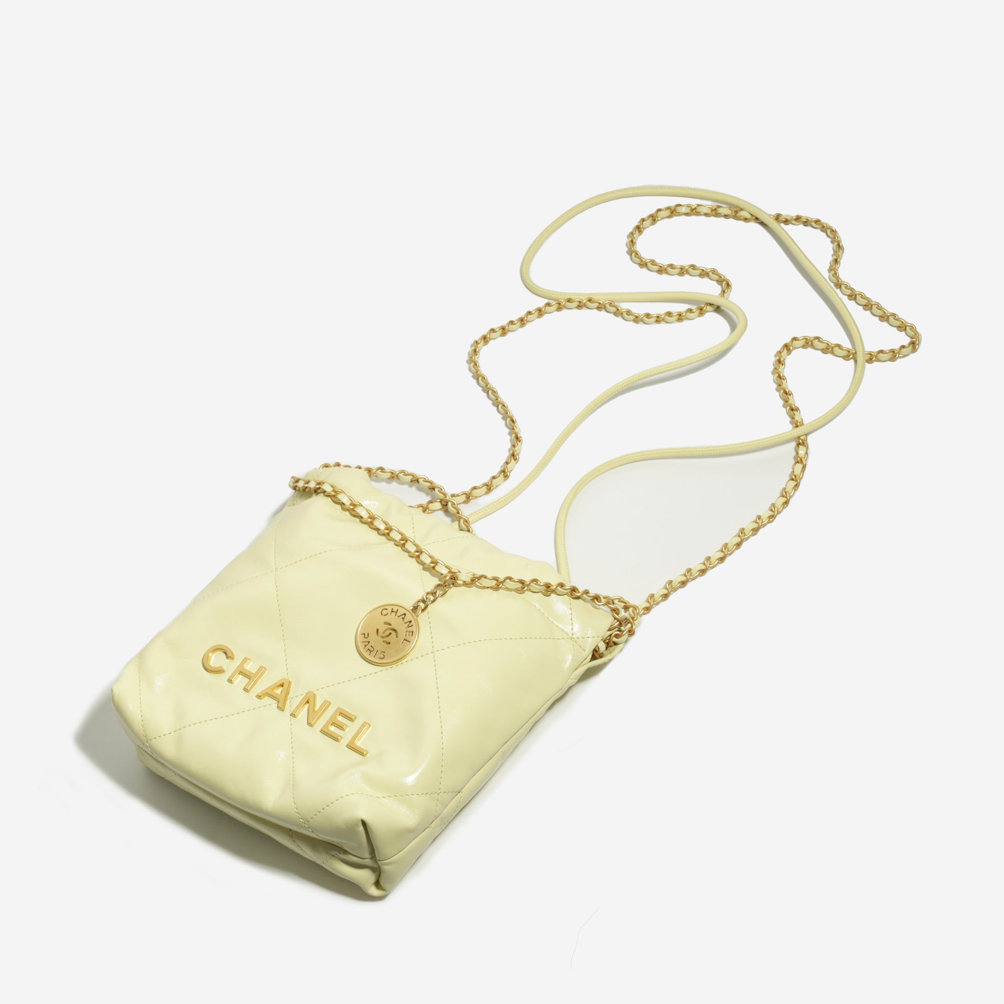 Chanel - 22 Mini Handbag - Light Yellow Shiny Crumpled Calfskin - GHW - 2023