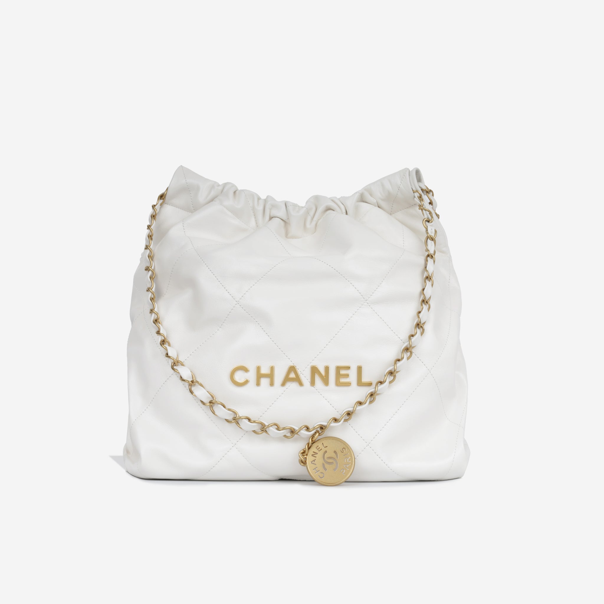 Chanel - Medium 22 Tote - White Shiny Calfskin - GHW - Plaque