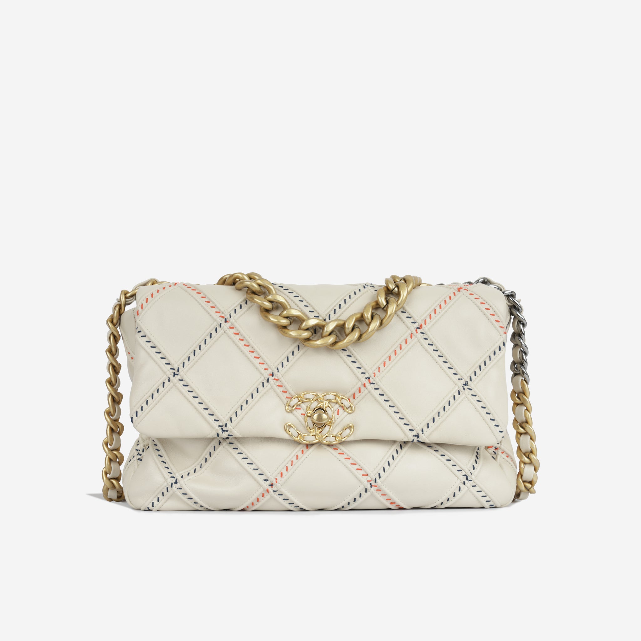 Chanel - Large 19 Flap Bag - Cream Quilted Stitch Lambskin - 2021