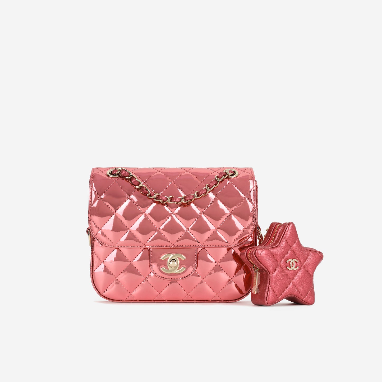 Chanel Mini Flap Bag Star Coin Purse Metallic Pink Patent