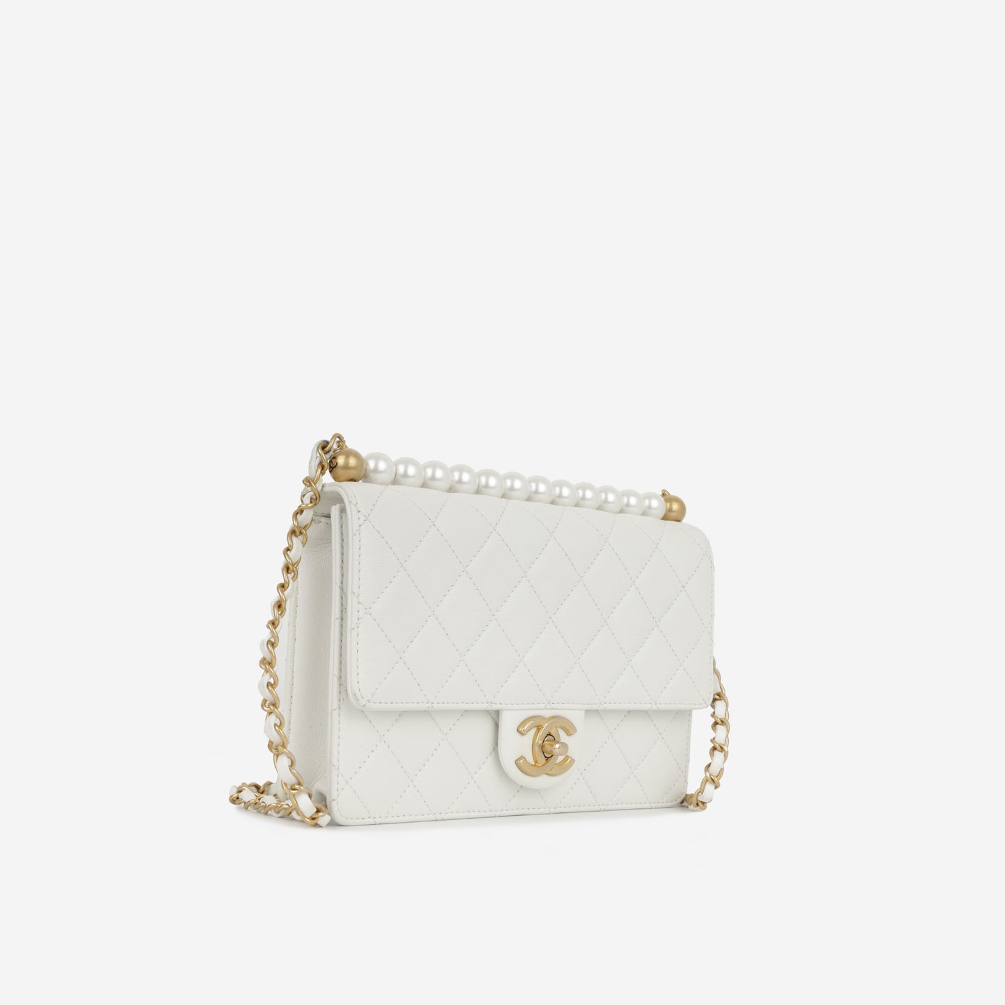 Chanel Medium Vertical Pearl Flap - White Calfskin | Antique Gold Hardware