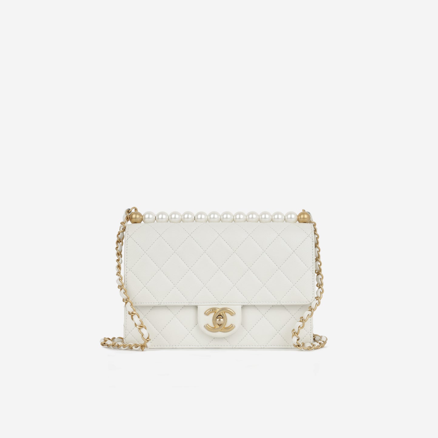 Chanel Medium Vertical Pearl Flap - White Calfskin | Antique Gold Hardware